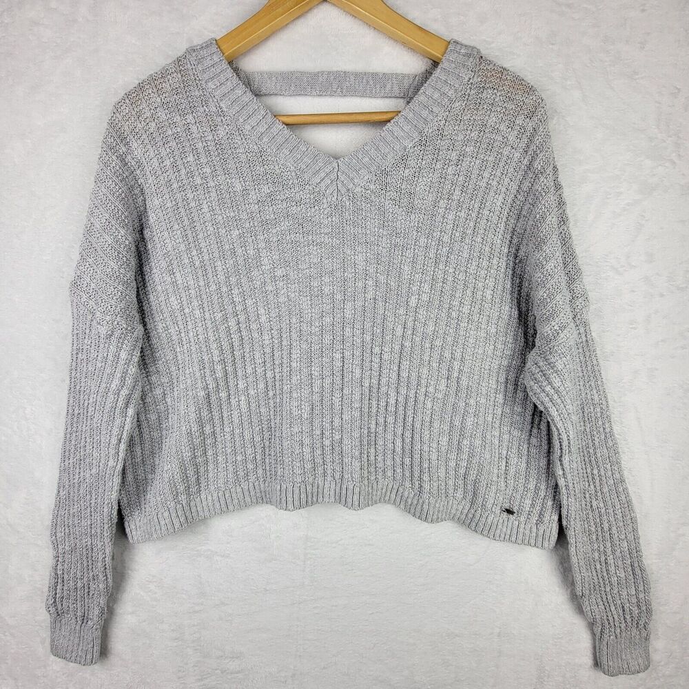 Hollister Sweater Oversize Crop Back Cut Out Logo Sz XS Gray Boho Cottagecore